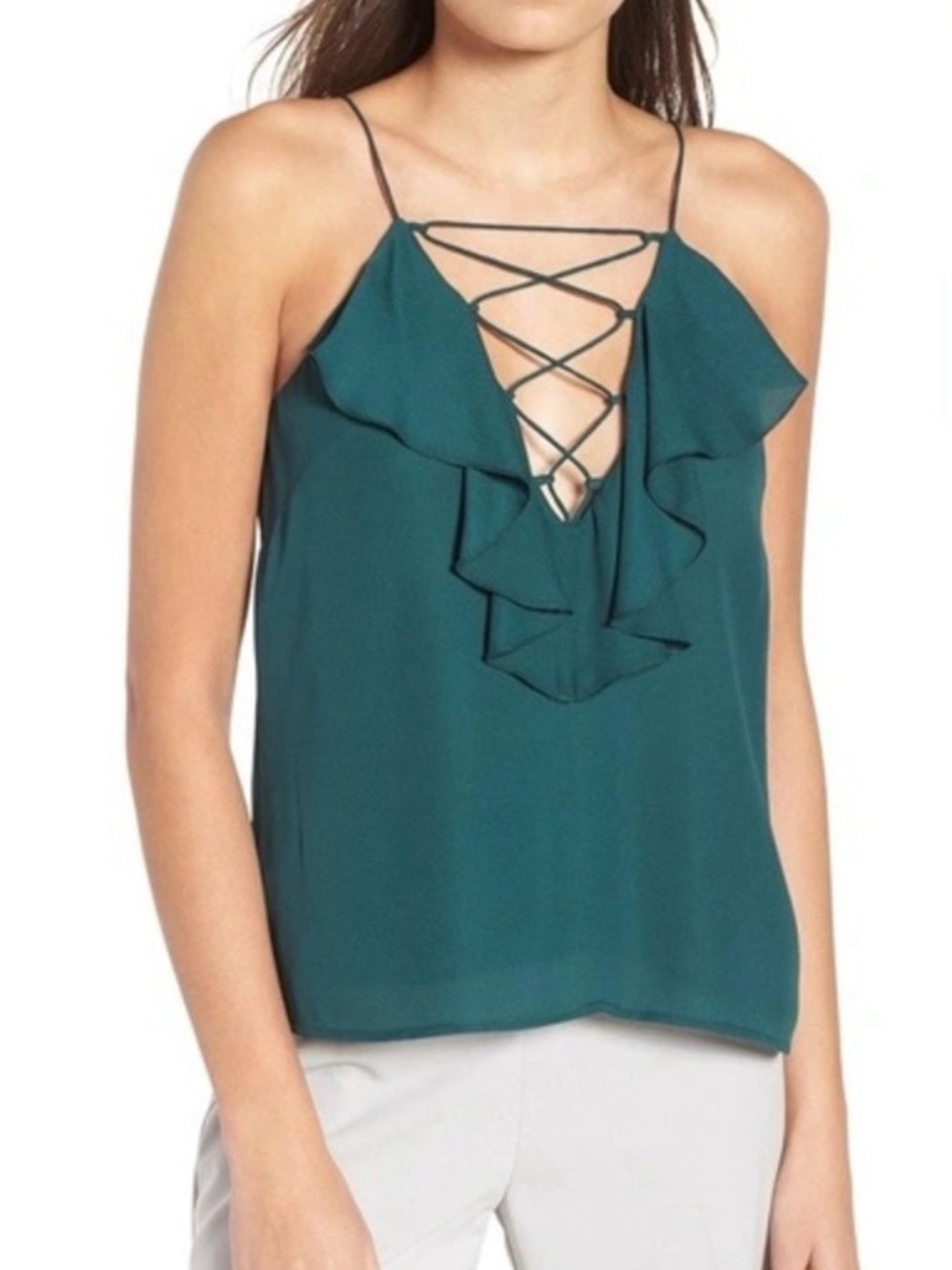 Wayf Teal Ruffle Lace-Up Cami